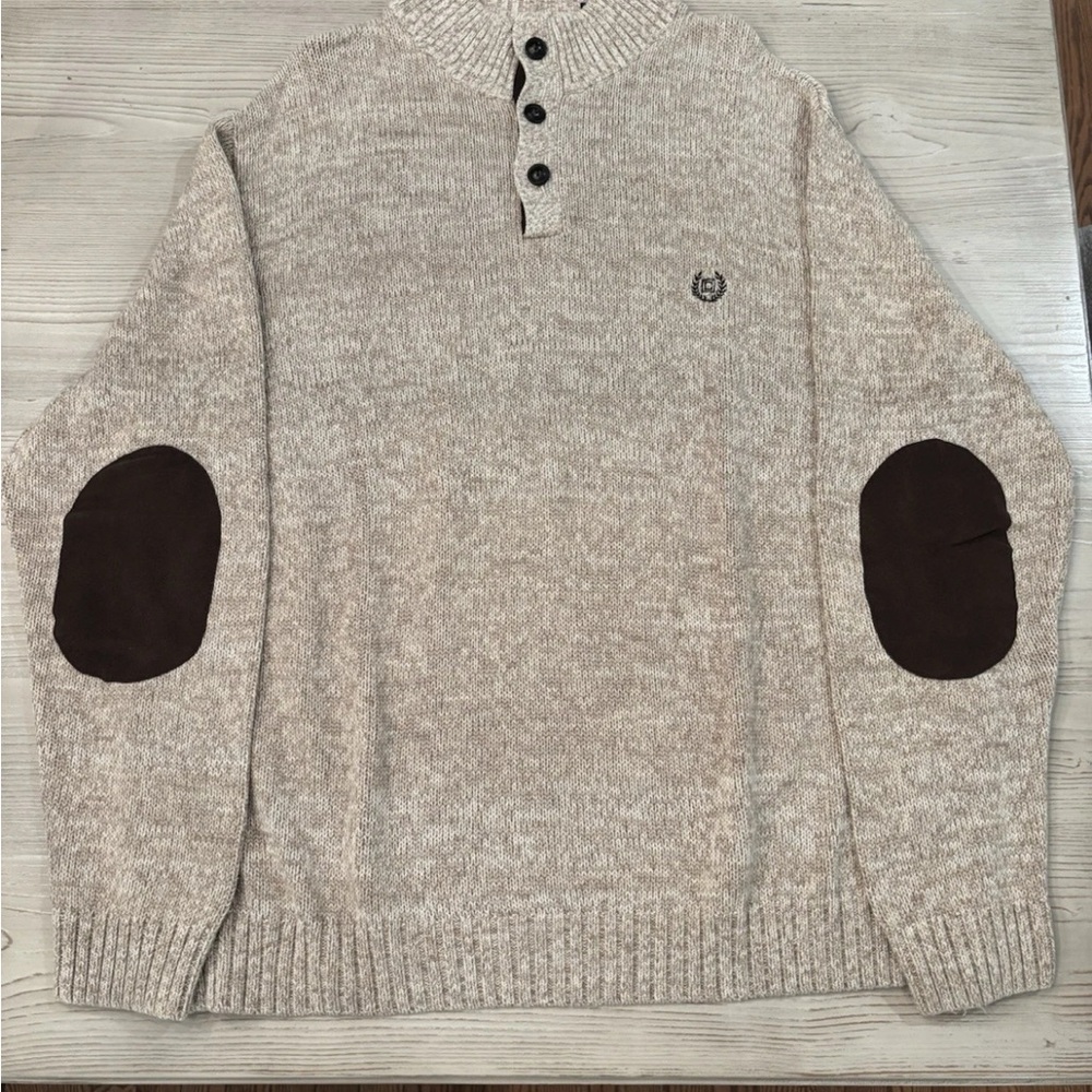 Men’s Chaps Beige Knit Sweater with Dark Brown Elbow Patches XXL